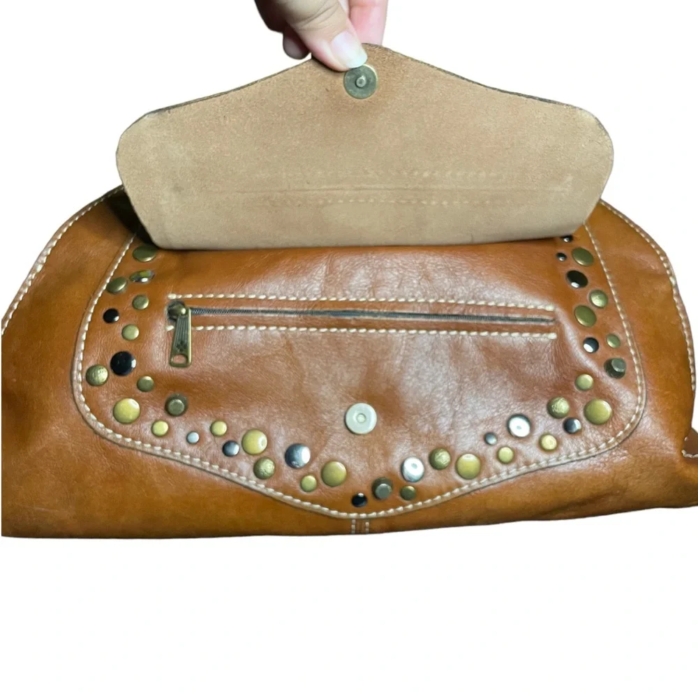 Patricia Nash Ergo Studded Leather Brown Shoulder Bag